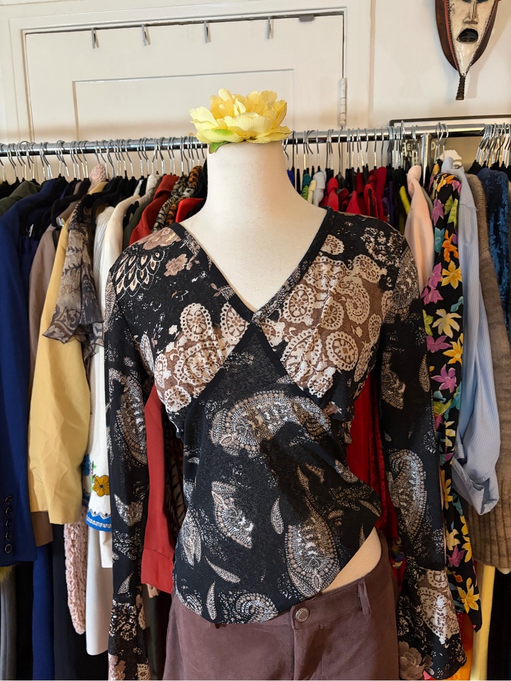 Black & Brown Paisley Wrap-Style Long Sleeve Mesh Top